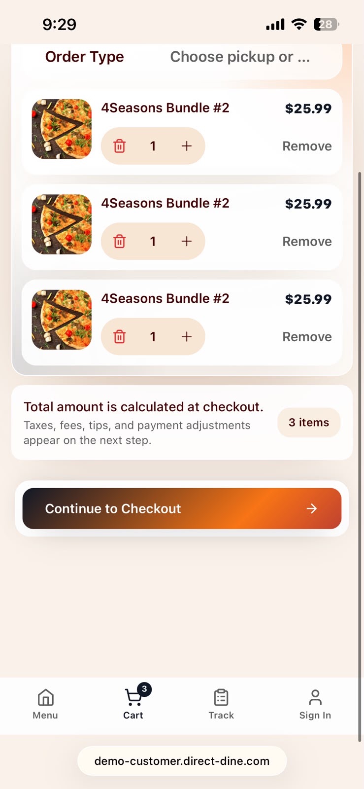 Branded Direct Dine customer web app cart and checkout on a phone