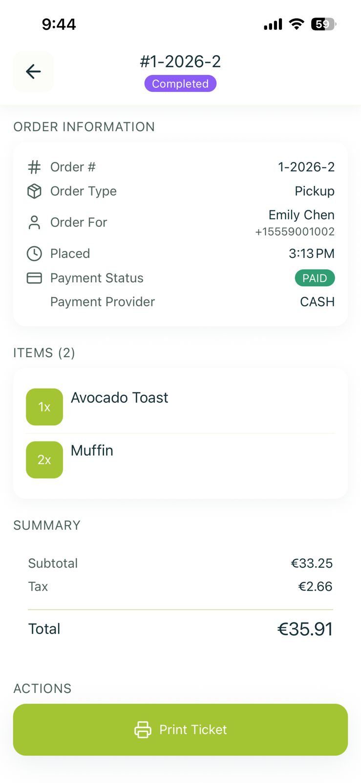 Kitchen screen showing an order ticket ready to print